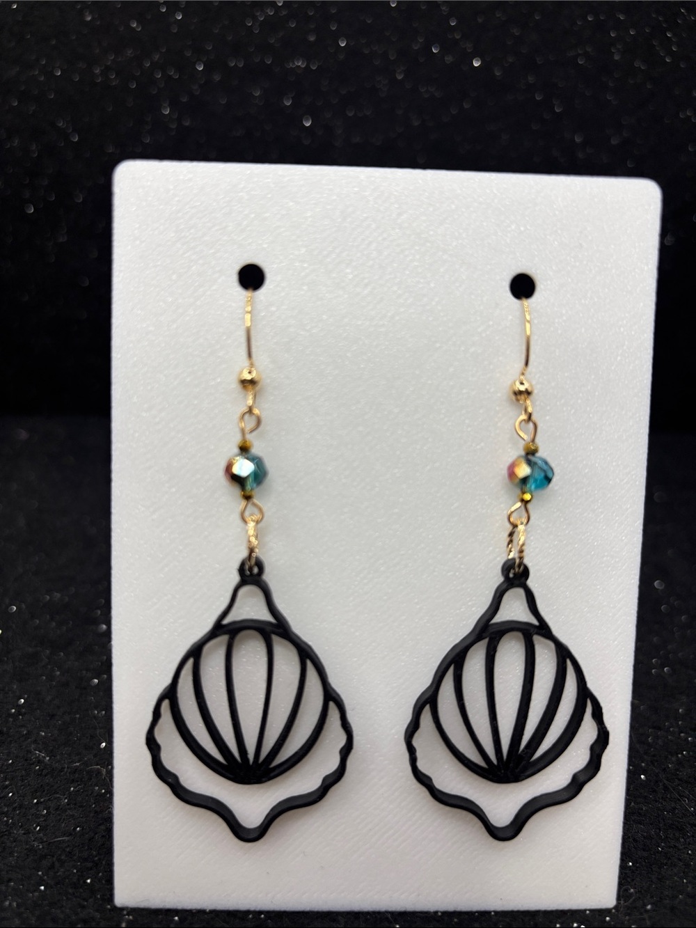 Gold-Tone Earrings with Black Shell Drop and Teal Accent
